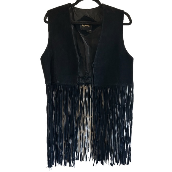 Vintage 80s black genuine leather full fringe vest - Picture 2 of 3